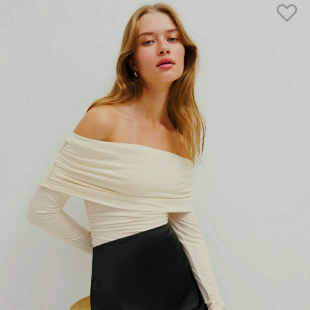 Reformation Off-the-Shoulder Sweater in Cream and Black